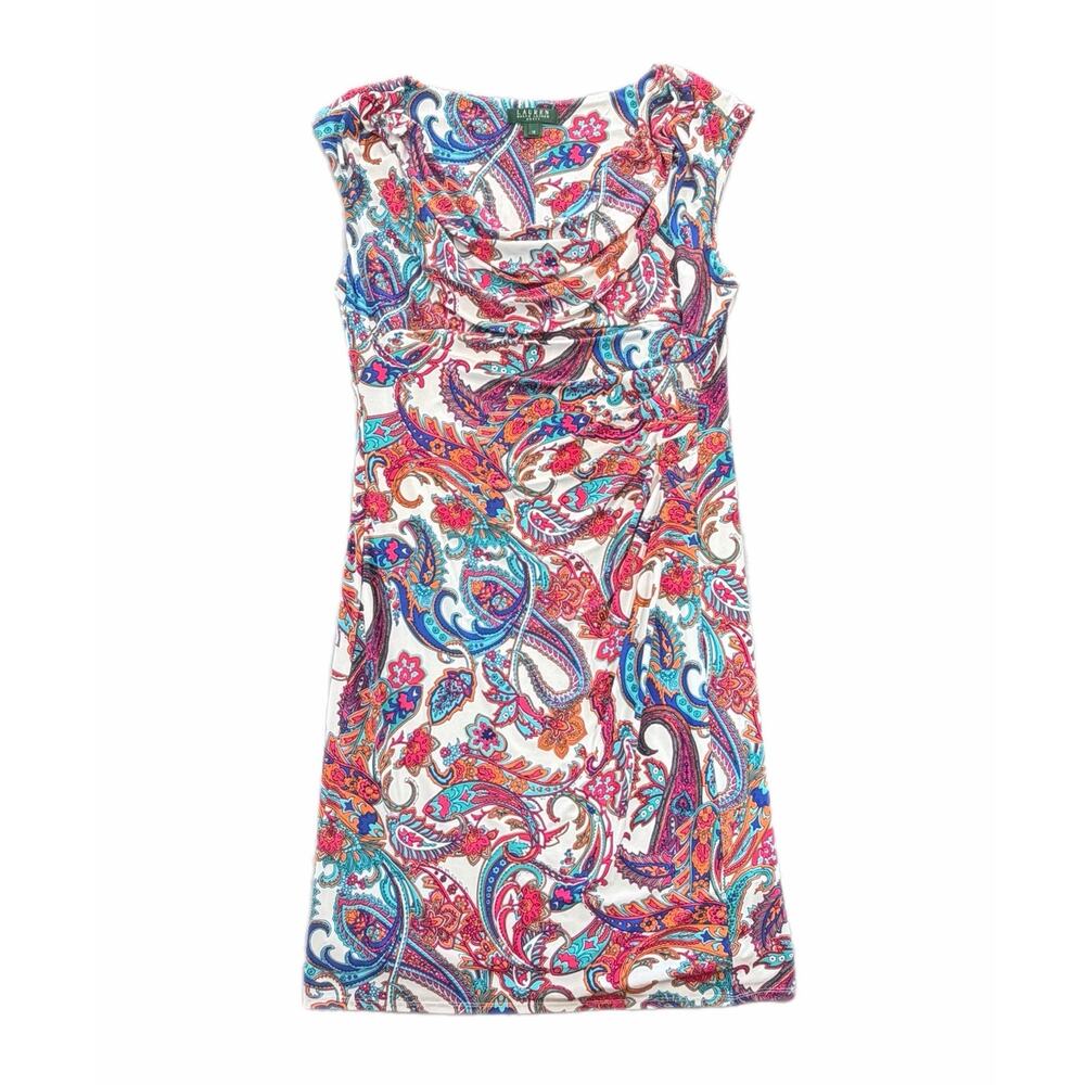 Lauren Ralph Lauren Multicolor Paisley Cowl Ruched Y2K Bold Maximalist Dress
